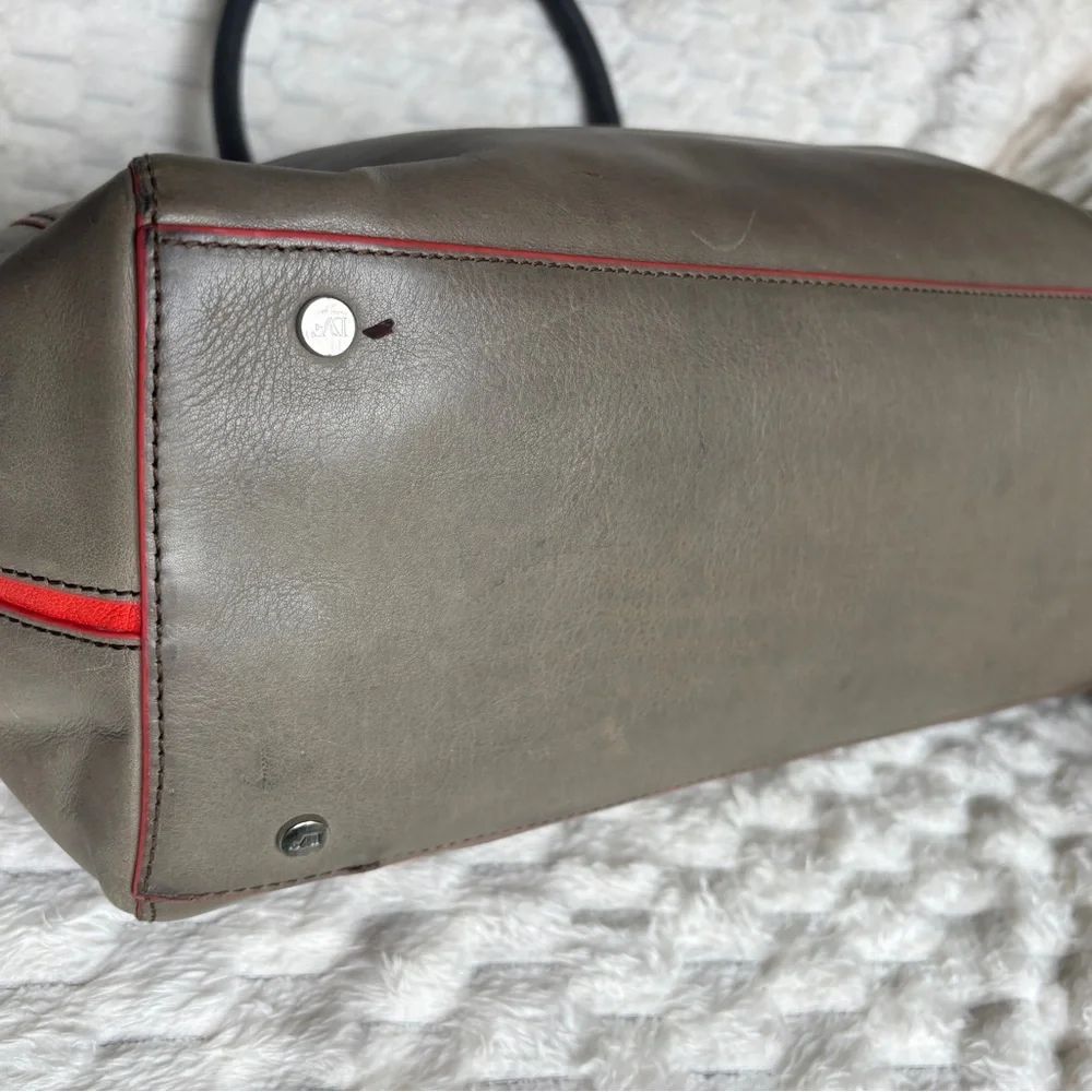 DVF Diane von Furstenberg Gray Taupe Leather Large Tote Red Trim Silver Hardware